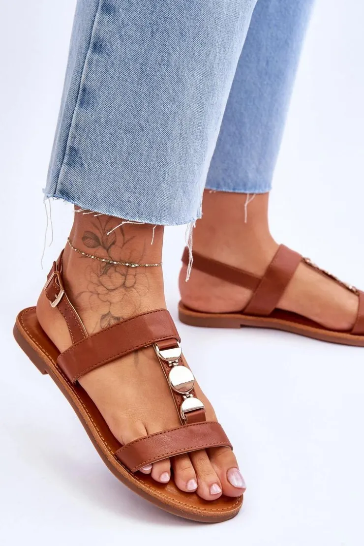 Online Boto Damskie Płaskie Sandały Z Ozdobnym Paskiem Brązowe Berry