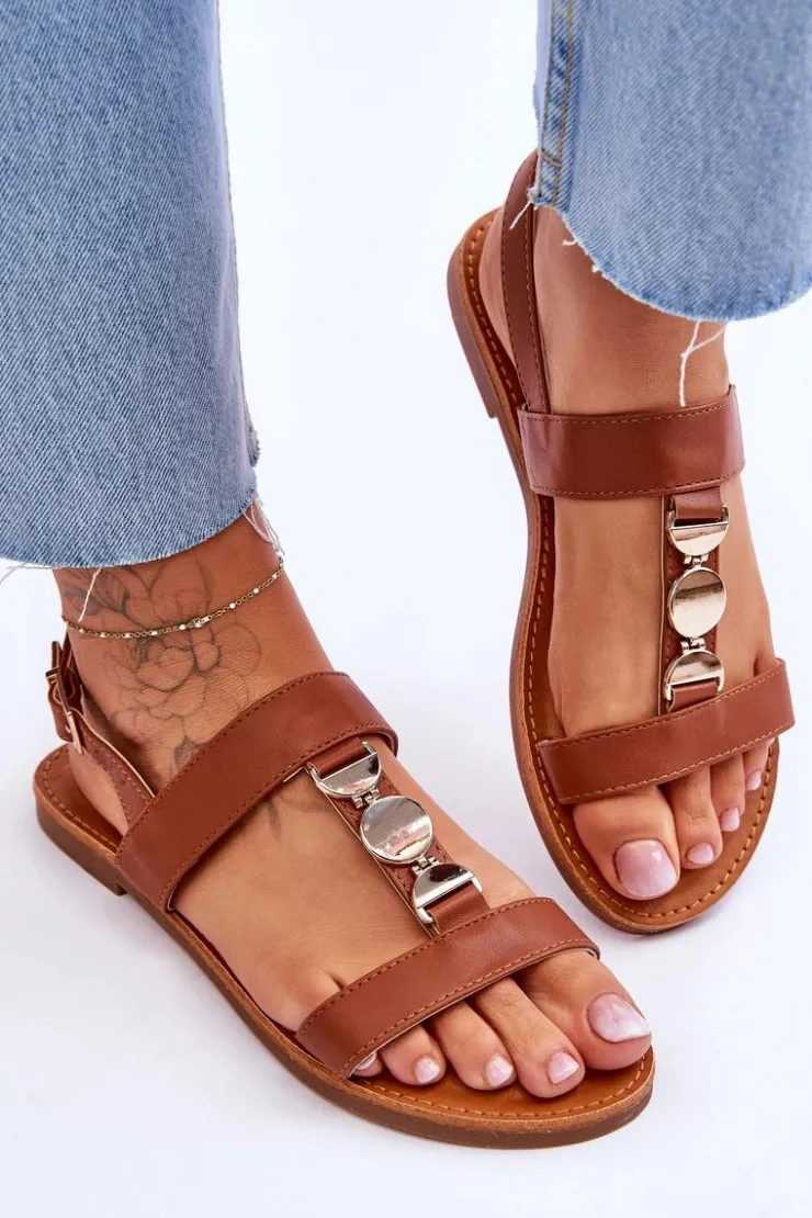 Online Boto Damskie Płaskie Sandały Z Ozdobnym Paskiem Brązowe Berry