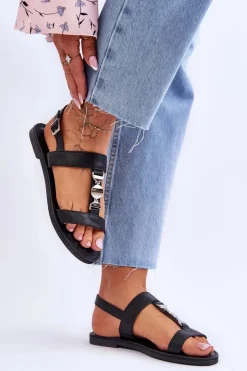 Damskie Boto Damskie Płaskie Sandały Z Ozdobnym Paskiem Czarne Berry