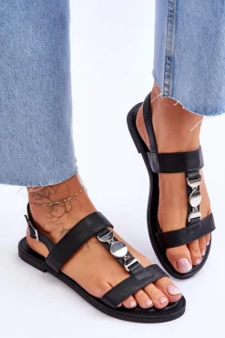 Damskie Boto Damskie Płaskie Sandały Z Ozdobnym Paskiem Czarne Berry