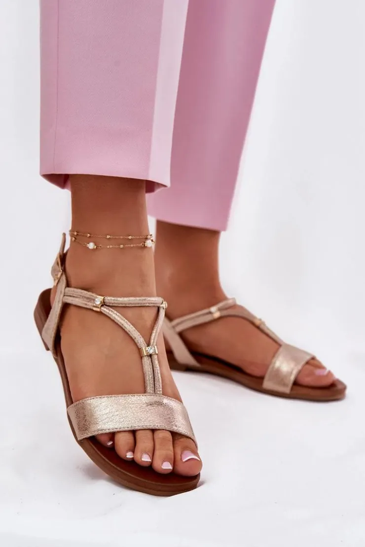 Damskie buty S.Barski Sandały Płaskie*Damskie Płaskie Sandały Z Paskami S.Barski KV51-120 Różowe Złoto Złoty