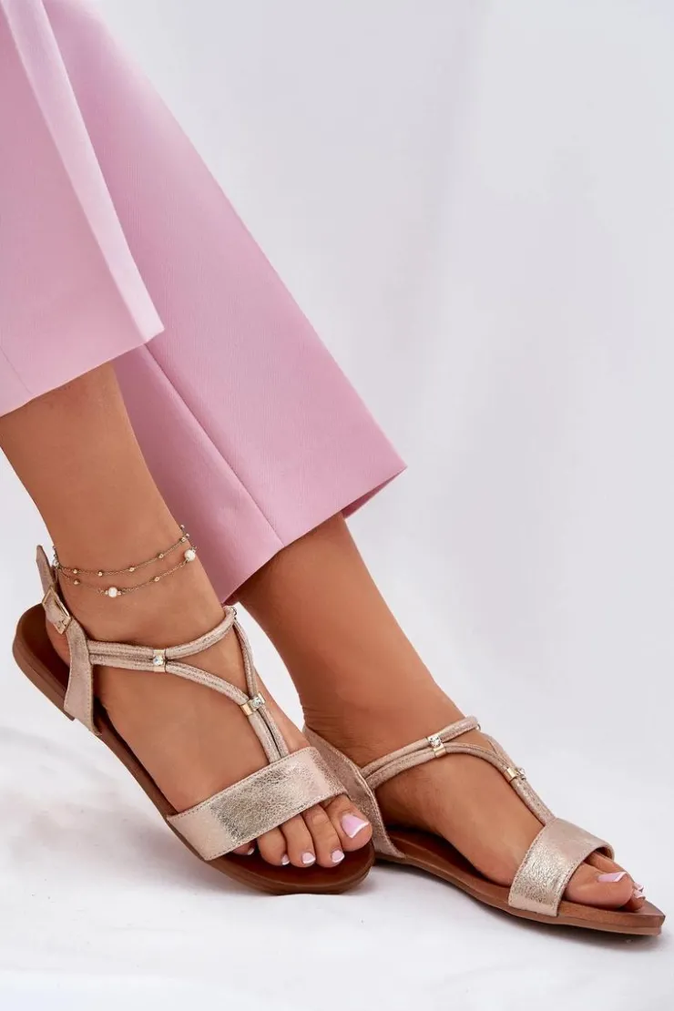 Damskie buty S.Barski Sandały Płaskie*Damskie Płaskie Sandały Z Paskami S.Barski KV51-120 Różowe Złoto Złoty