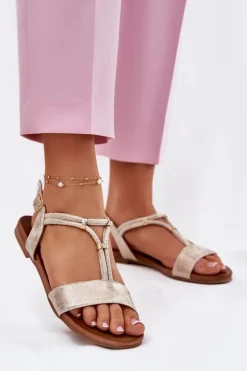 Discount Damskie buty S.Barski Damskie Płaskie Sandały Z Paskami S.Barski KV51-120 Złote Złoty