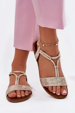 Discount Damskie buty S.Barski Damskie Płaskie Sandały Z Paskami S.Barski KV51-120 Złote Złoty