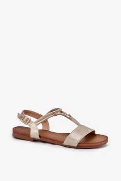 Discount Damskie buty S.Barski Damskie Płaskie Sandały Z Paskami S.Barski KV51-120 Złote Złoty