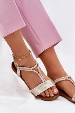 Discount Damskie buty S.Barski Damskie Płaskie Sandały Z Paskami S.Barski KV51-120 Złote Złoty