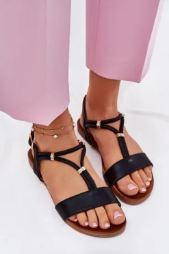 Damskie buty S.Barski Sandały Płaskie*Damskie Płaskie Sandały Z Paskami S.Barski KV51-120 Czarne Czarny