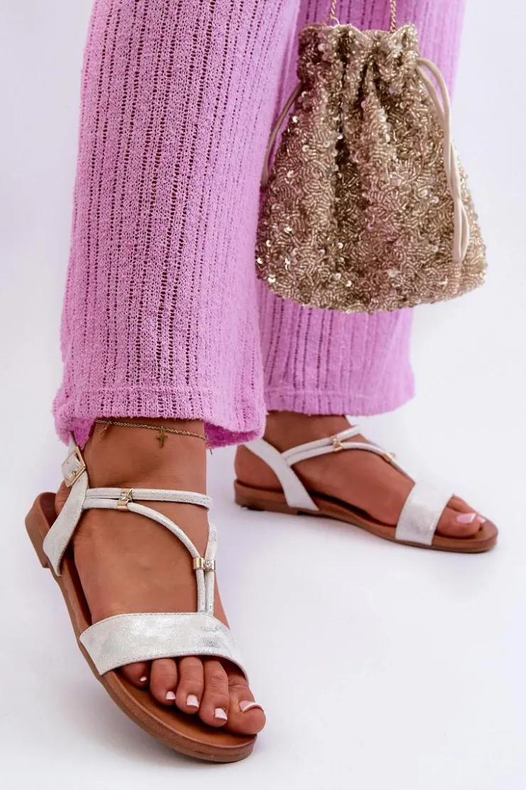 Sale Damskie buty S.Barski Damskie Płaskie Sandały Z Paskami S.Barski KV27-010 Biało-Srebrne