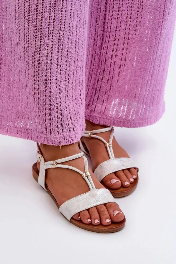 Sale Damskie buty S.Barski Damskie Płaskie Sandały Z Paskami S.Barski KV27-010 Biało-Srebrne