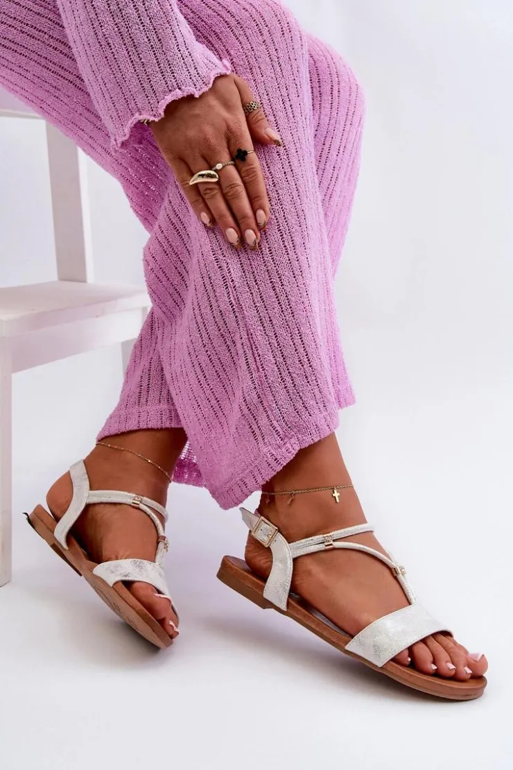 Sale Damskie buty S.Barski Damskie Płaskie Sandały Z Paskami S.Barski KV27-010 Biało-Srebrne
