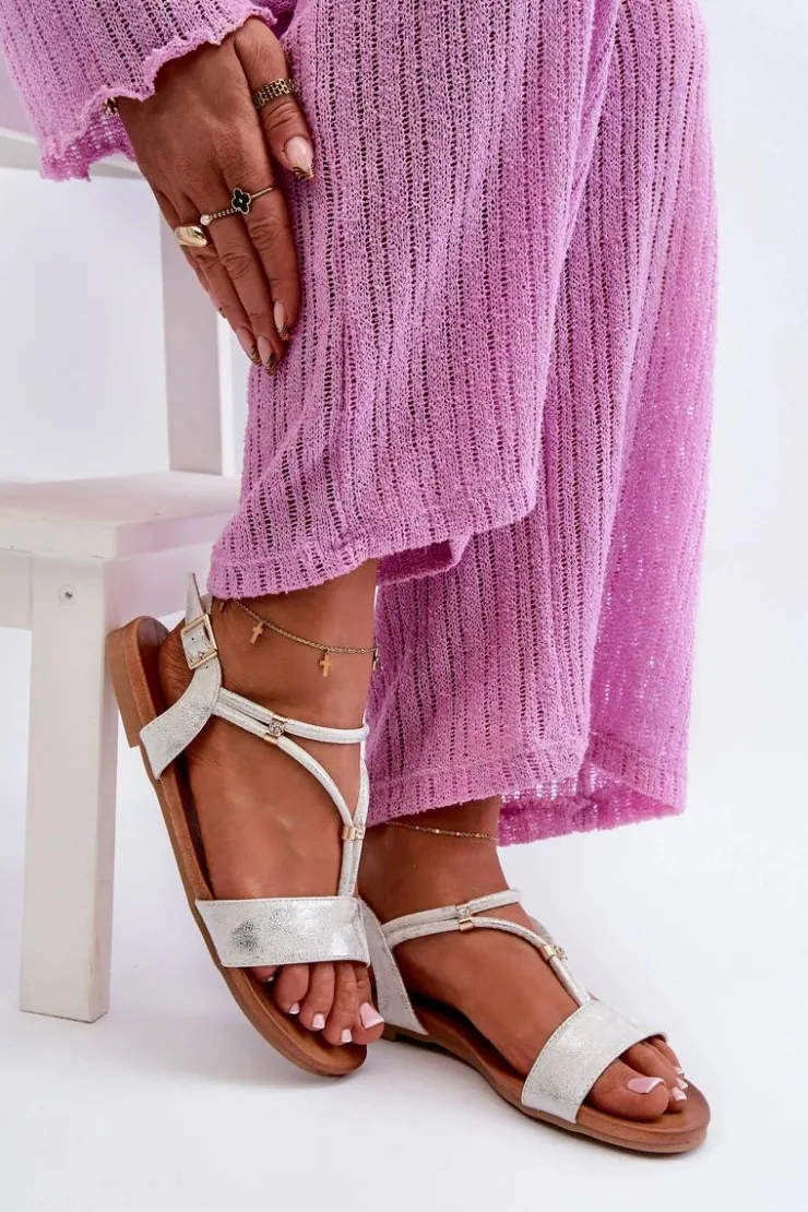 Sale Damskie buty S.Barski Damskie Płaskie Sandały Z Paskami S.Barski KV27-010 Biało-Srebrne