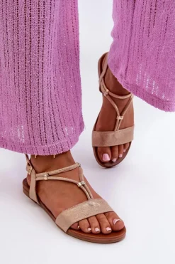 Damskie Damskie buty S.Barski Damskie Płaskie Sandały Z Paskami S.Barski KV27-010 Beżowo-Złote