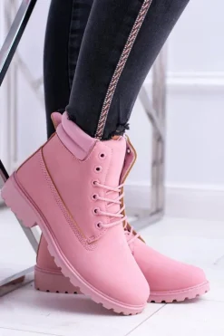 Damskie Boto Damskie Pastelowe Botki Timberki Pudrowy Róż Lucy