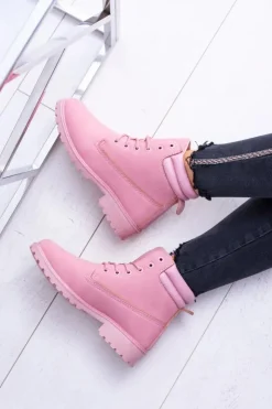 Damskie Boto Damskie Pastelowe Botki Timberki Pudrowy Róż Lucy