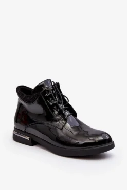 Clearance Boto Damskie Półbuty Lakierowane Na Płaskim Obcasie Lu Boo Czarne