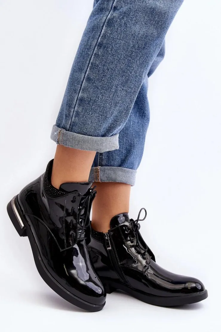 Clearance Boto Damskie Półbuty Lakierowane Na Płaskim Obcasie Lu Boo Czarne