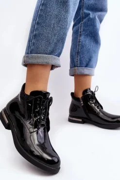 Clearance Boto Damskie Półbuty Lakierowane Na Płaskim Obcasie Lu Boo Czarne