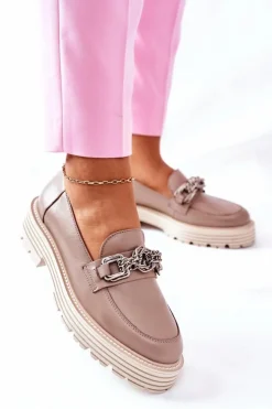 Online Laura Messi Damskie Półbuty Loafery Skórzane Ciemny Beż 2383