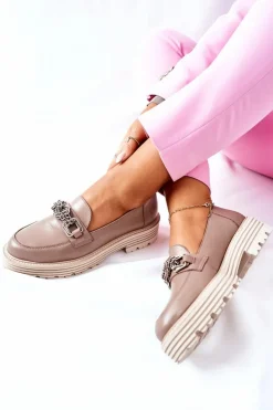 Online Laura Messi Damskie Półbuty Loafery Skórzane Ciemny Beż 2383