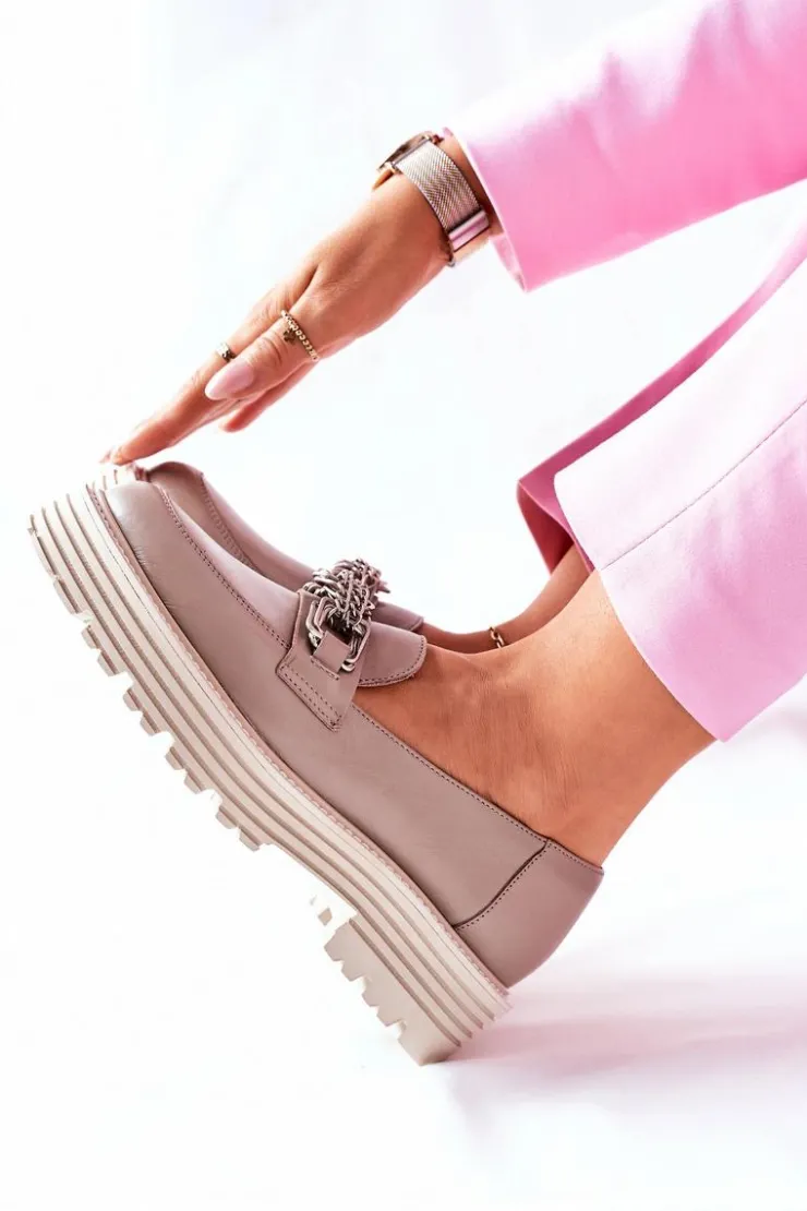 Online Laura Messi Damskie Półbuty Loafery Skórzane Ciemny Beż 2383