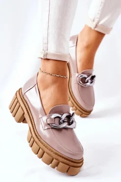 Damskie Laura Messi Damskie Półbuty Loafery Skórzane Cappuccino 2339