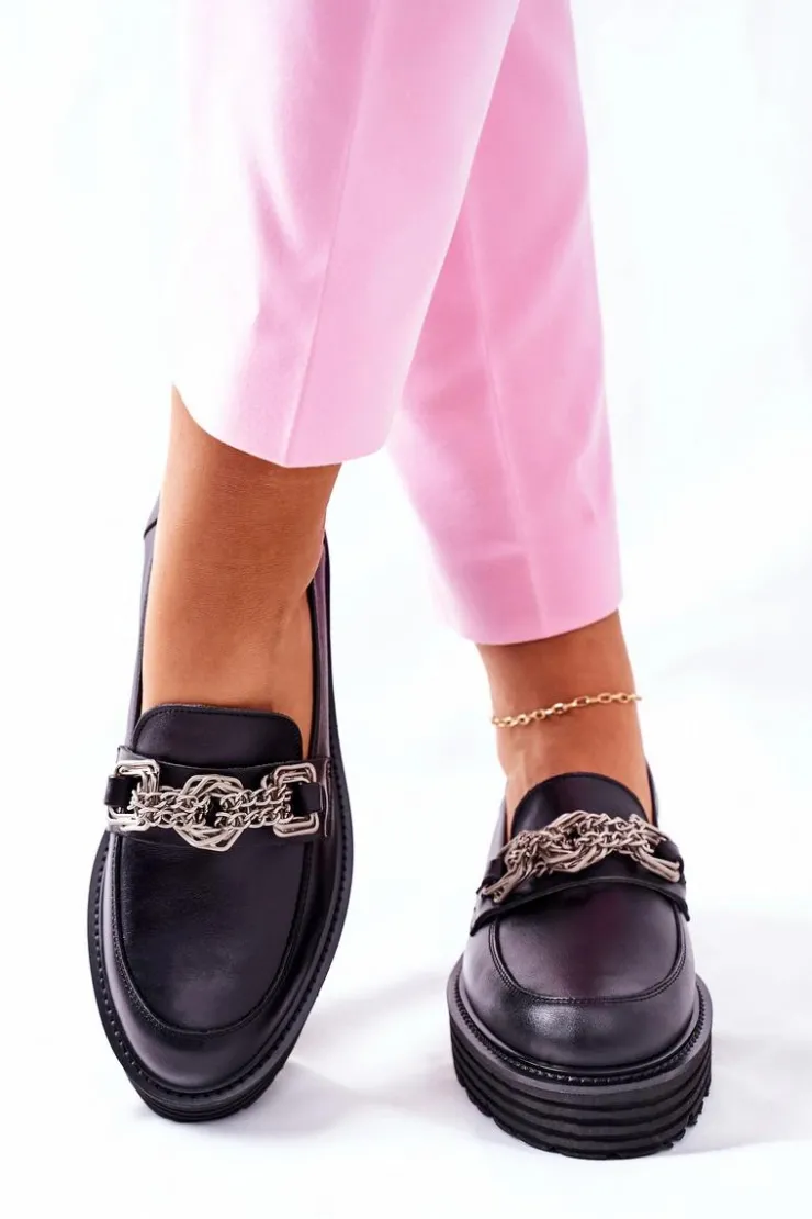 Damskie Laura Messi Damskie Półbuty Loafery Skórzane Czarne 2383