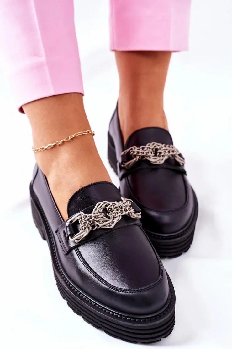 Damskie Laura Messi Damskie Półbuty Loafery Skórzane Czarne 2383