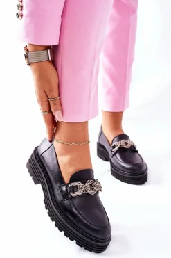 Damskie Laura Messi Damskie Półbuty Loafery Skórzane Czarne 2383