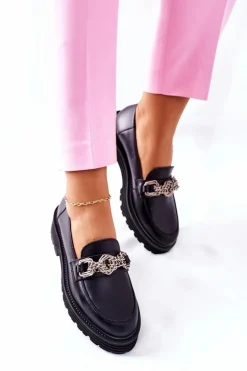 Damskie Laura Messi Damskie Półbuty Loafery Skórzane Czarne 2383