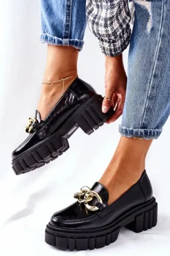 Damskie Laura Messi Damskie Półbuty Loafery Skórzane Czarne 2339