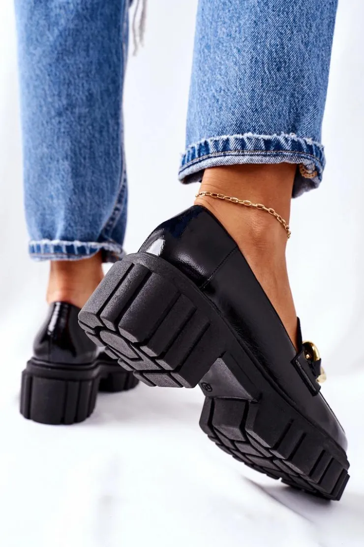 Damskie Laura Messi Damskie Półbuty Loafery Skórzane Czarne 2339