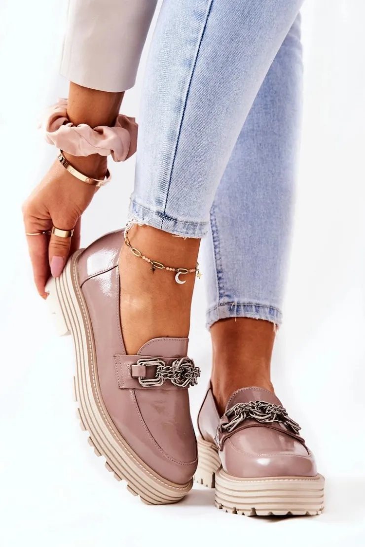 Laura Messi Półbuty Skórzane|Mokasyny Damskie Skórzane*Damskie Półbuty Loafery Skórzane Ciemny Beż 2383