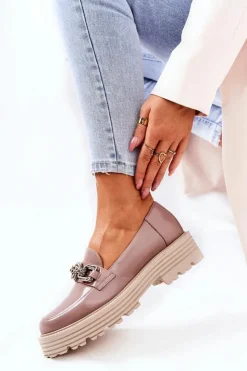 Laura Messi Półbuty Skórzane|Mokasyny Damskie Skórzane*Damskie Półbuty Loafery Skórzane Ciemny Beż 2383