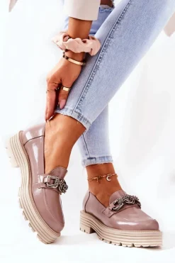 Laura Messi Półbuty Skórzane|Mokasyny Damskie Skórzane*Damskie Półbuty Loafery Skórzane Ciemny Beż 2383