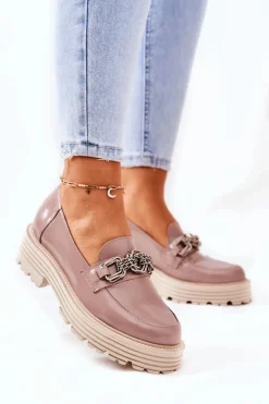 Laura Messi Półbuty Skórzane|Mokasyny Damskie Skórzane*Damskie Półbuty Loafery Skórzane Ciemny Beż 2383