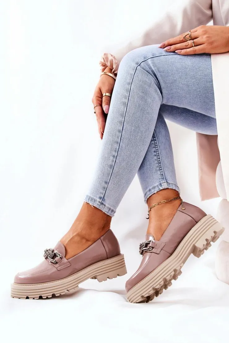 Laura Messi Półbuty Skórzane|Mokasyny Damskie Skórzane*Damskie Półbuty Loafery Skórzane Ciemny Beż 2383