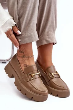 Damskie Boto Damskie Półbuty Loafery Z Ozdobą Khaki Peuria