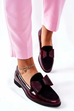 Damskie Maciejka Damskie Półbuty Lakierowane Loafery Marmurkowe Bordowe 04099-33