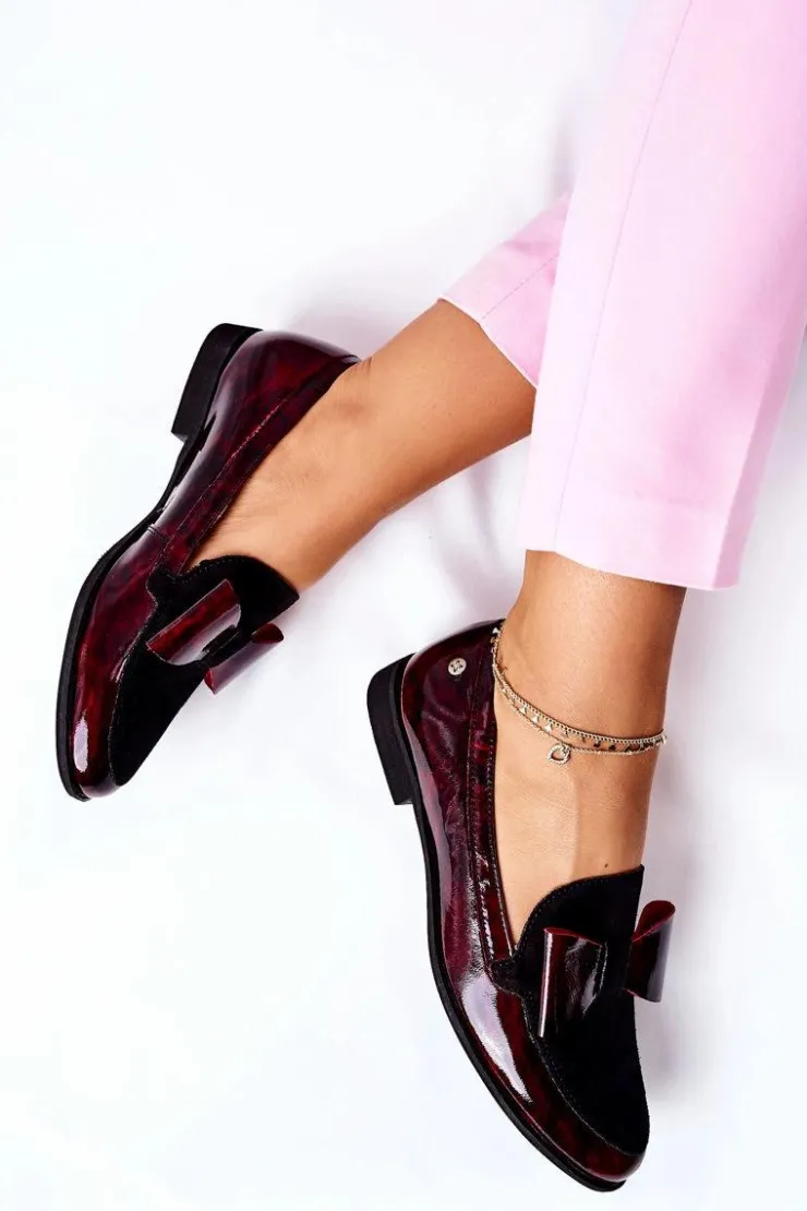 Damskie Maciejka Damskie Półbuty Lakierowane Loafery Marmurkowe Bordowe 04099-33
