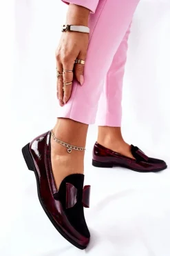 Damskie Maciejka Damskie Półbuty Lakierowane Loafery Marmurkowe Bordowe 04099-33