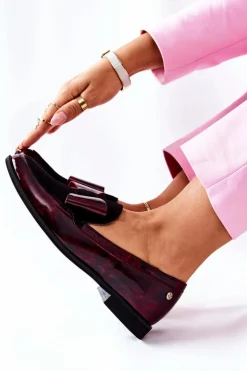 Damskie Maciejka Damskie Półbuty Lakierowane Loafery Marmurkowe Bordowe 04099-33