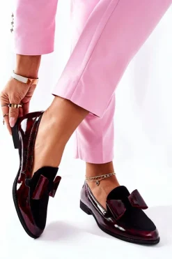 Damskie Maciejka Damskie Półbuty Lakierowane Loafery Marmurkowe Bordowe 04099-33