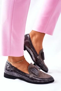 Maciejka Półbuty Lakierowane|Półbuty Skórzane*Damskie Półbuty Lakierowane Loafery Szare 04099-03/00-1