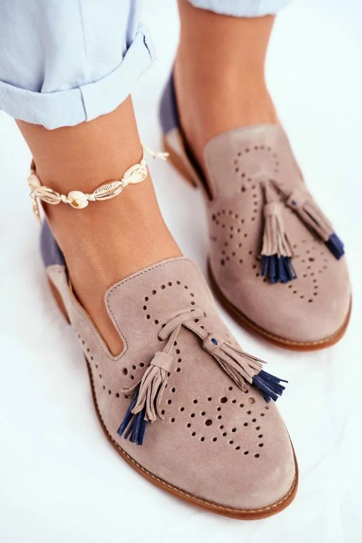 Maciejka Półbuty Skórzane*Damskie Półbuty Skórzane Mokasyny Beżowe 04484-04/00-5