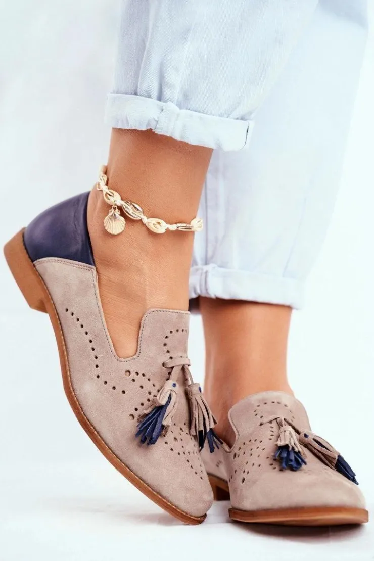 Maciejka Półbuty Skórzane*Damskie Półbuty Skórzane Mokasyny Beżowe 04484-04/00-5