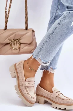 New Boto Damskie Półbuty Mokasyny Na Płaskim Obcasie Beżowe Fletcher