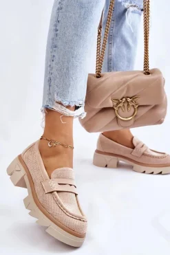 New Boto Damskie Półbuty Mokasyny Na Płaskim Obcasie Beżowe Fletcher