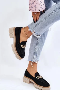 Damskie Boto Damskie Półbuty Mokasyny Z Łańcuchem Czarne Luella