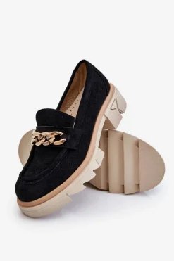 Damskie Boto Damskie Półbuty Mokasyny Z Łańcuchem Czarne Luella