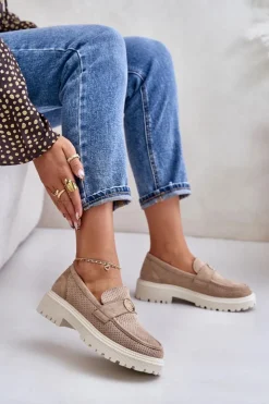 Damskie Boto Damskie Półbuty Mokasyny Ze Złotym Detalem Khaki Arilva